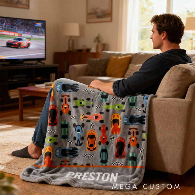 Personalized Sporty Colorful Racing Cars Personalized Blanket Custom Name Soft Fleece Throw Gift for Racing and Car Lovers