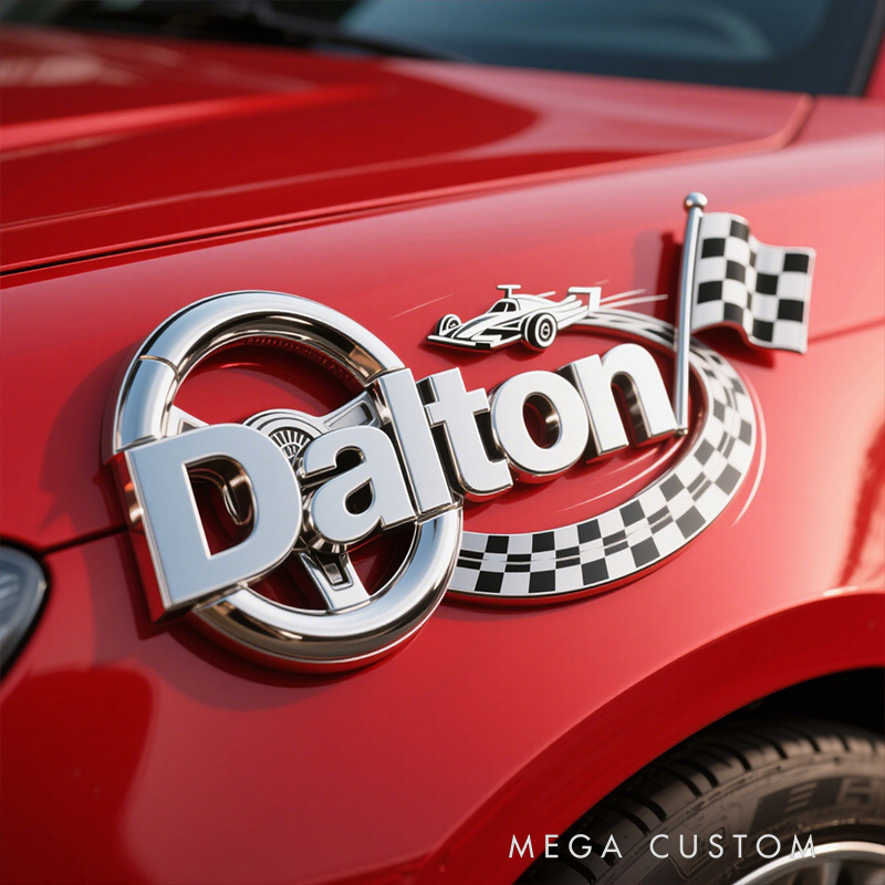 Personalized Racing Steering Wheel & Checkered Flag Metal Emblem - Custom Name Car Badge for Motorsport Enthusiasts