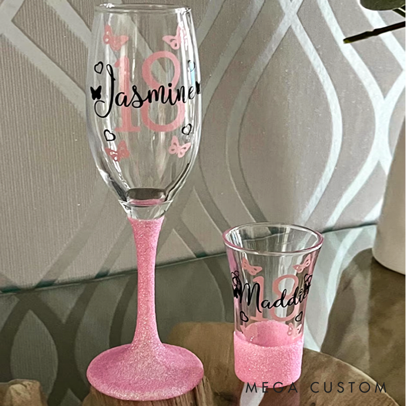 Personalised Glitter Birthday Glass Butterfly Name & Age 18th 21st Gift For Her 30th 40th 50th Lit Bottle Gin Wine