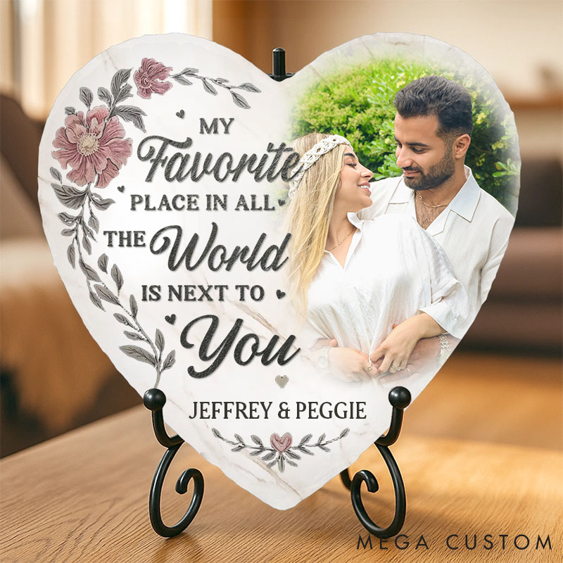Personalized Couple Photo Floral My Favorite Place in All the World is Next to You Heart Shaped Stone with Stand Christmas Valentines Day Gift