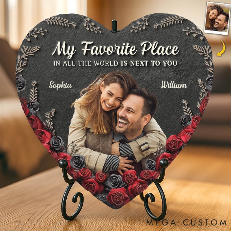 Personalized Couple Photo Rose My Favorite Place in All the World is Next to You Heart Shaped Stone with Stand Newlyweds Christmas Valentines Day Gift