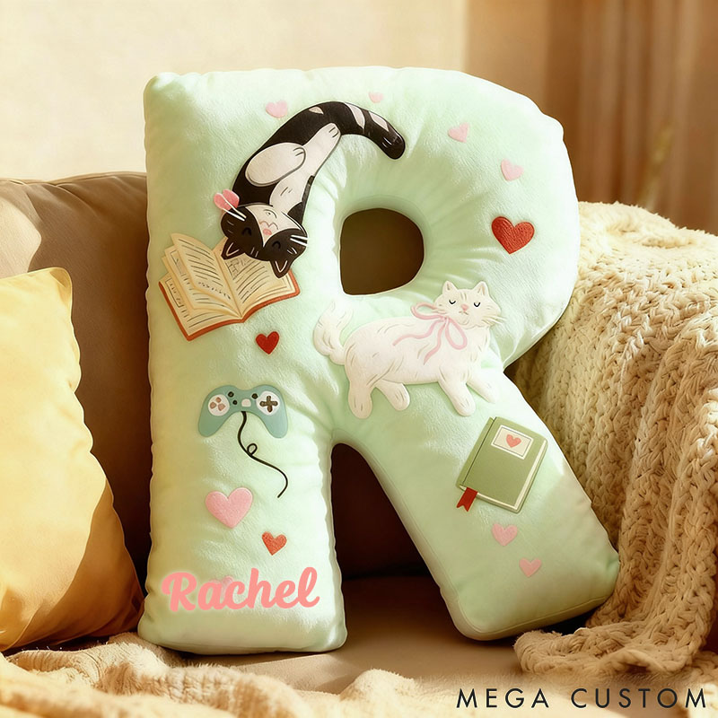 Personalized Cat Lover Book Game Controller Letter Pillow with Custom Name Graphic 3D Print