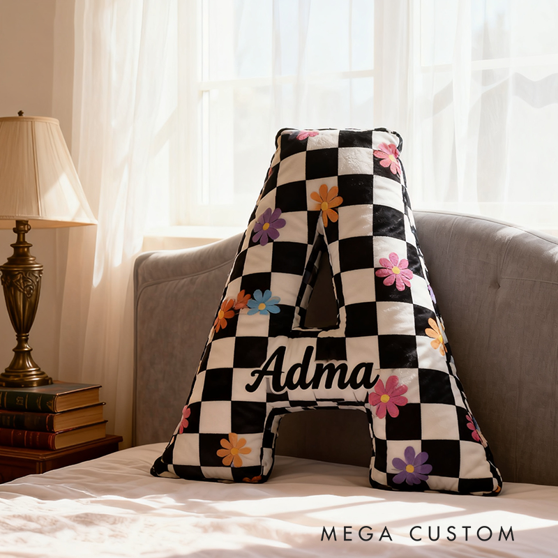 Personalized Black and White Checkered Flower Letter Pillow Custom Name Initial Decorative Appreciation Gifts