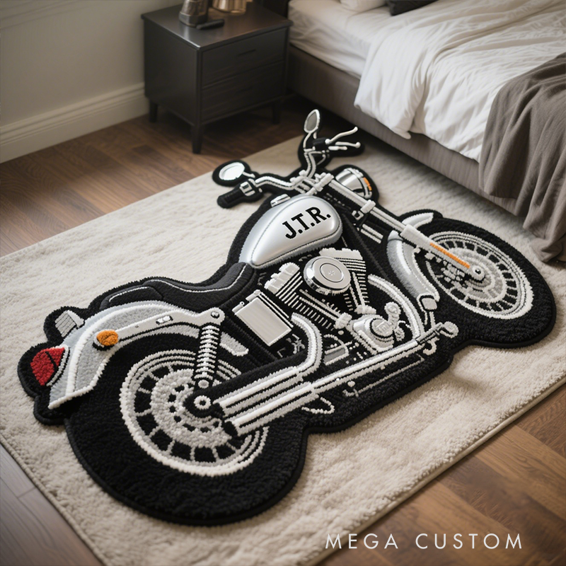 Personalized Motorcycle Shaped Rug Custom Name and Design Choice Gift for Bikers and Garage Decor