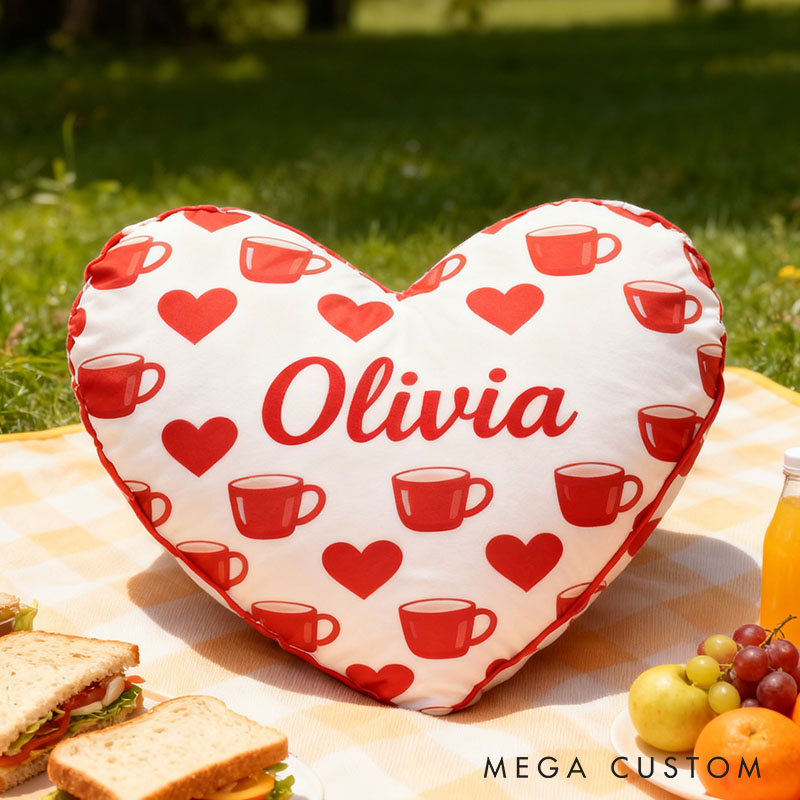 Personalized Girl friend Heart Shaped Coffee Mug Pillow Custom Couple Name Valentines Day Cushion Anniversary Date Night Gift for Her