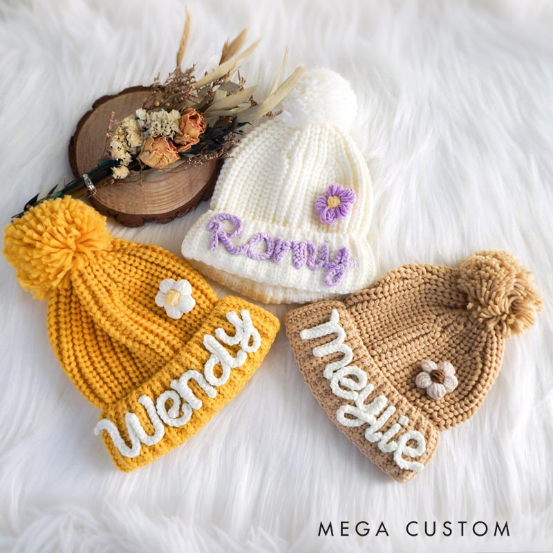 Personalized Knit Kids Beanie with PomPom Handmade Winter Hat Gift for Kids