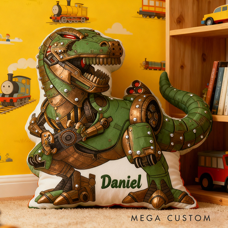 Personalized Robot Dinosaur Name Custom Soft Decorative Gift Futuristic Mechanical Style Fun Playful Cozy Boy Room Exciting Tech Power Jurassic Metal Graphic 3D Print Pillow
