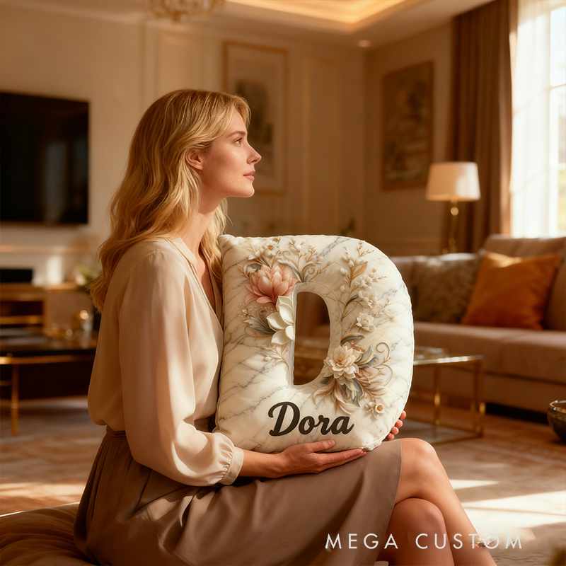 Personalized Marble Floral Letter Pillow 3D Graphic Print Custom Name and Initial Appreciation Gift