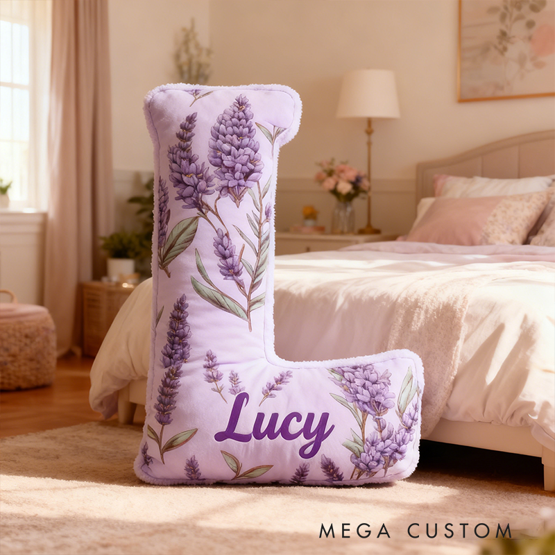 Personalized Lavender Floral Letter Pillow 3D Graphic Print Custom Name and Initial Appreciation Gifts