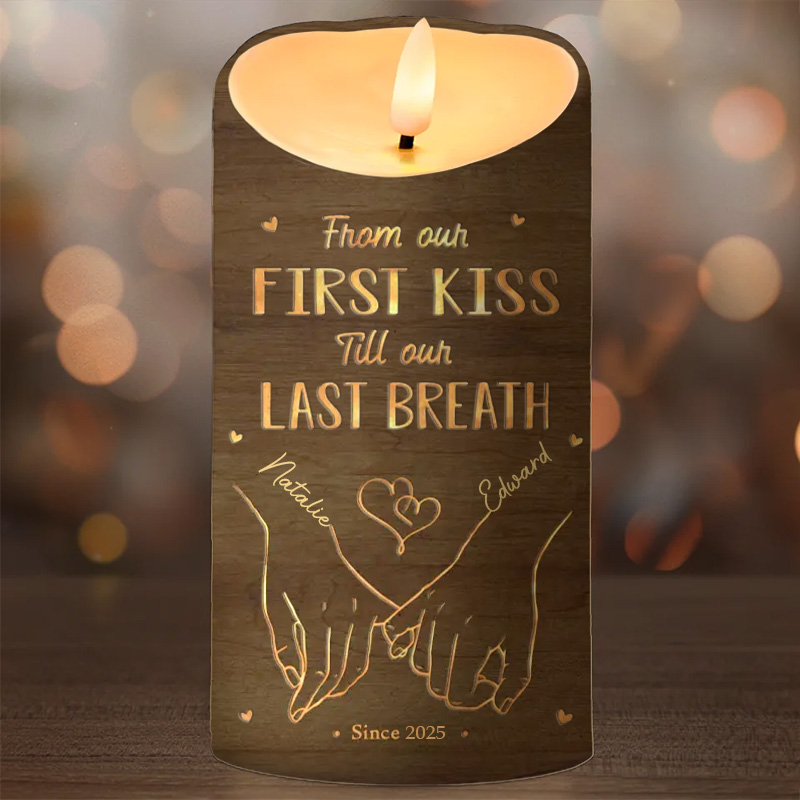 Personalized Couple From Our First Kiss Till Our Last Breath LED Candle Newlyweds Faux Wood Effect Candle Anniversary Valentines Day Christmas Gift