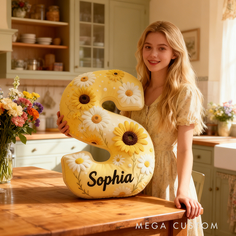 Personalized Sunflower Floral Letter Pillow 3D Graphic Print Custom Name and Initial Appreciation Gifts