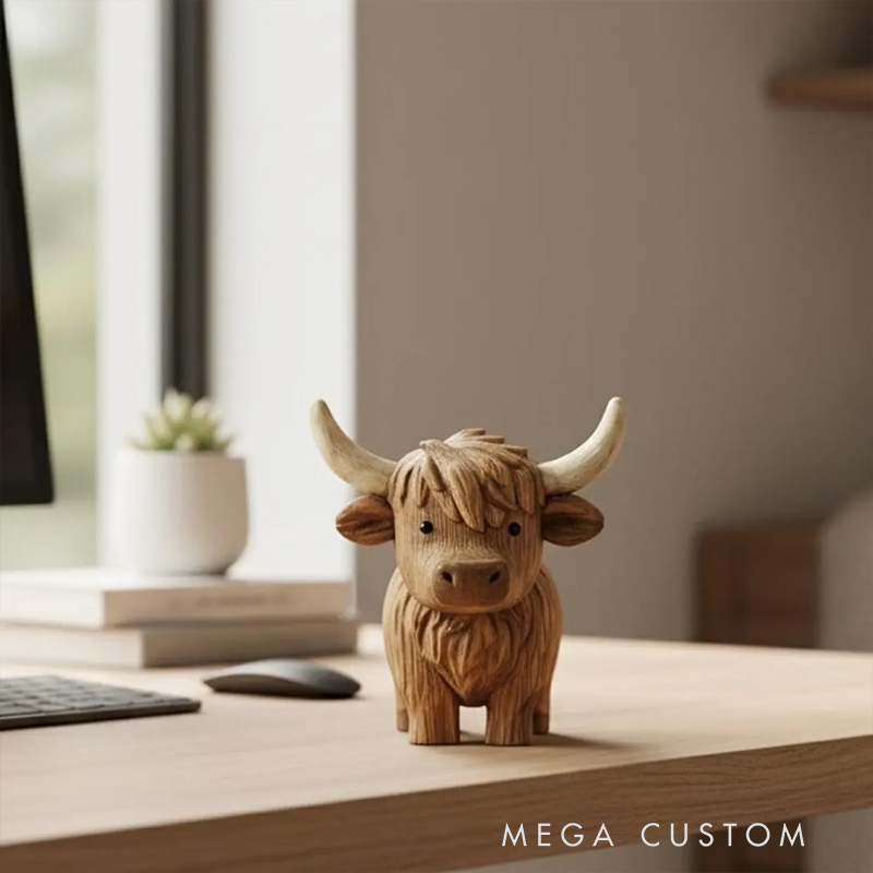Hand Carving Wooden Highland Cow Figurine Desk Decor Cute Wood Farm Animal Sculpture Handmade Gift Minimalist Bookshelf Office Ornament