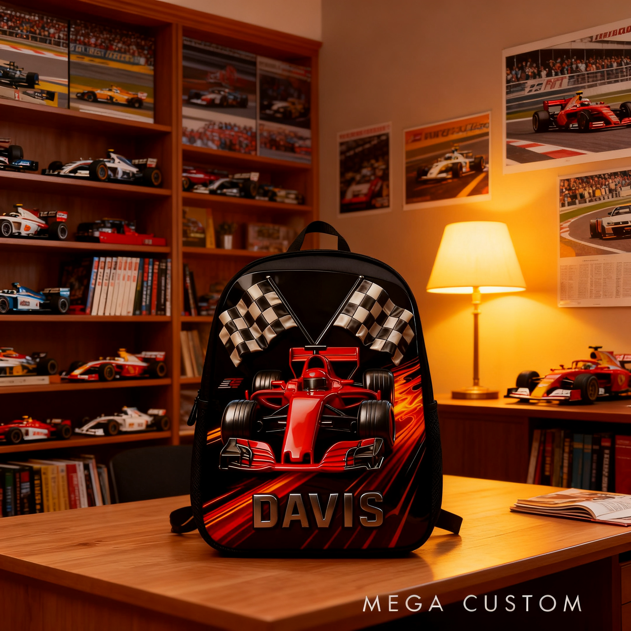 Personalized Racing Backpack Custom Name and Design with Race Car and Checkered Flag Theme Bag Perfect for Racing Fans