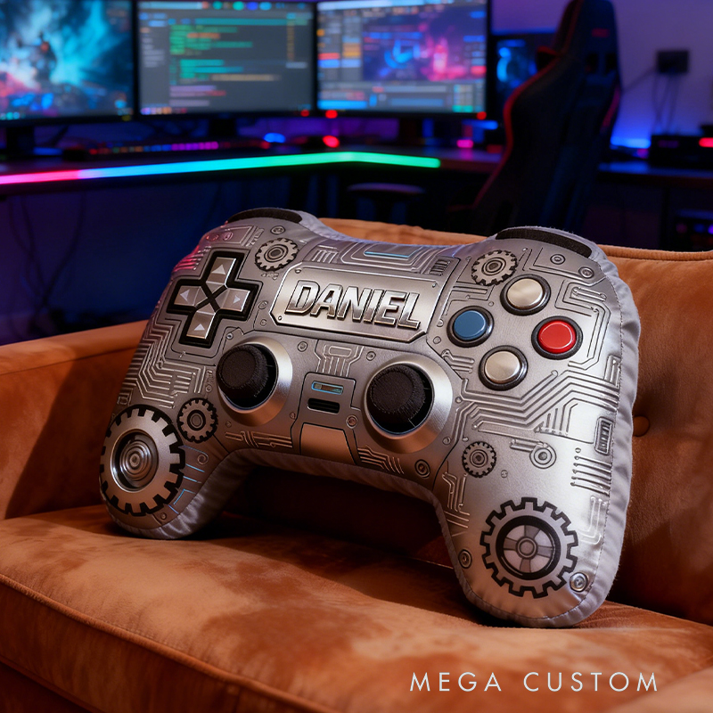 Personalized Graphic 3D Print Retro Metallic Silver Game Controller Shaped Pillow for Game Lovers Plush Pillow Christmas Birthday Party Gift for Kids