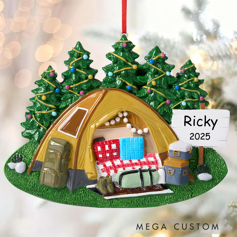 Tent Camping Personalized Ornament Family Vacation Hand Personalized Christmas Ornament