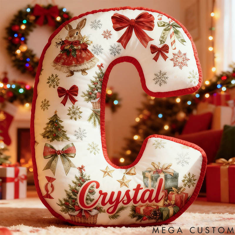 Personalized Girl friend Christmas Rabbit 26 Letters Pillow Custom Red Bow Bunny Graphic 3D Printed Alphabet Initials Cushion Christmas Gift for Her