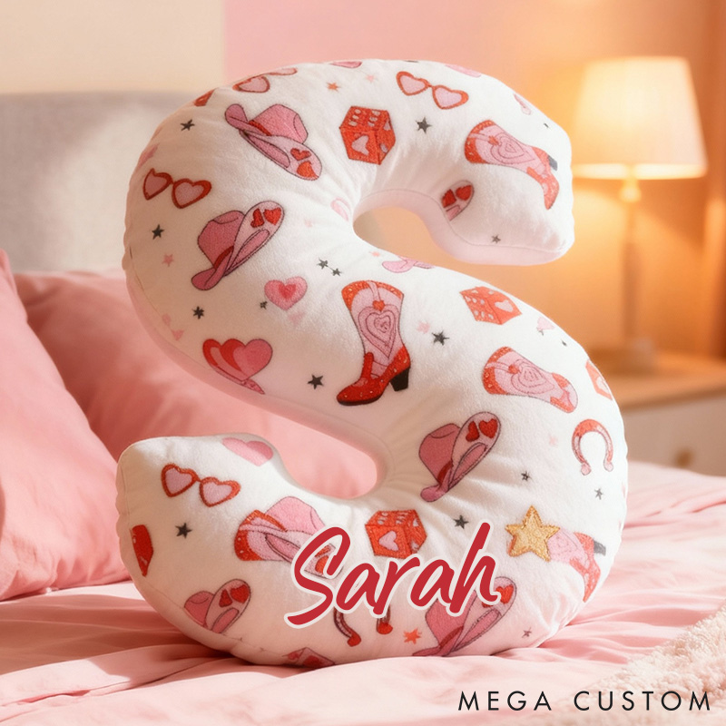 Personalized Pink Western Cowgirl Letter Pillow Custom Pink Valentine Gift Throw Pillow for Girlfriend Pink Cowgirl Boots Horseshoe Pillow for Her