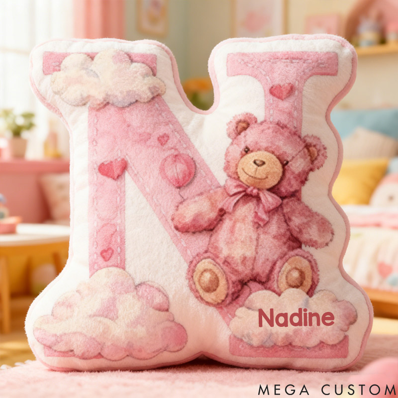 Personalized Flower Girl Pink Bear and Cloud 26 Letters Pillow Custom Girl friend Graphic 3D Printed Alphabet Initials Cushion Birthday Gift for Her