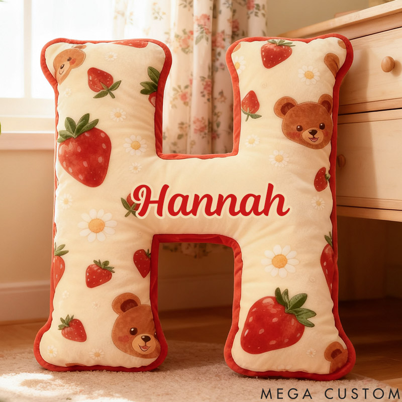 Personalized Girl friend Bear and Strawberry 26 Letters Pillow Custom Girlfriend Graphic 3D Printed Cushion Valentines Day Christmas Gift for Her