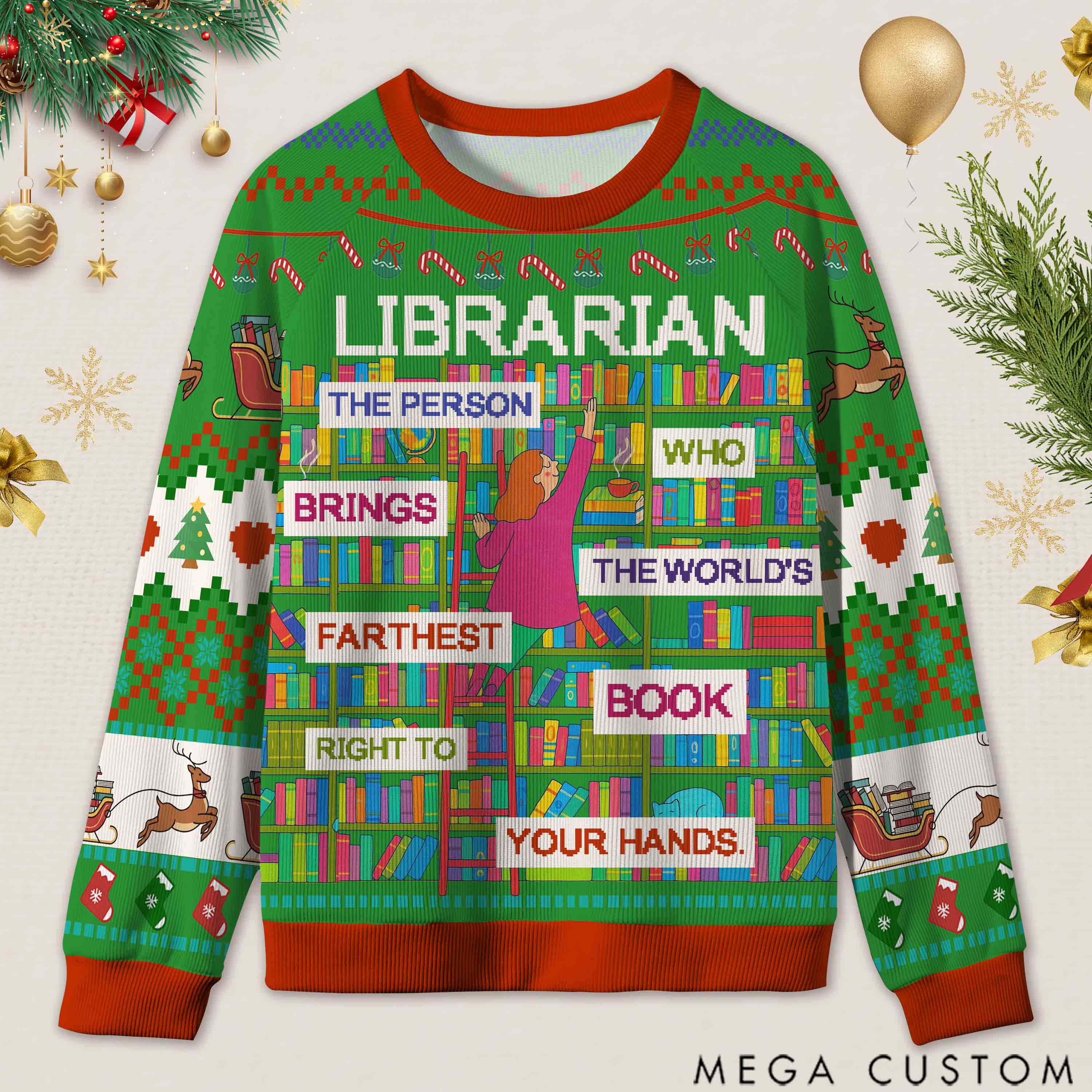 Personalized Book Lifting Workout Humor Ugly Sweater Office Holiday Party Gift for librarian