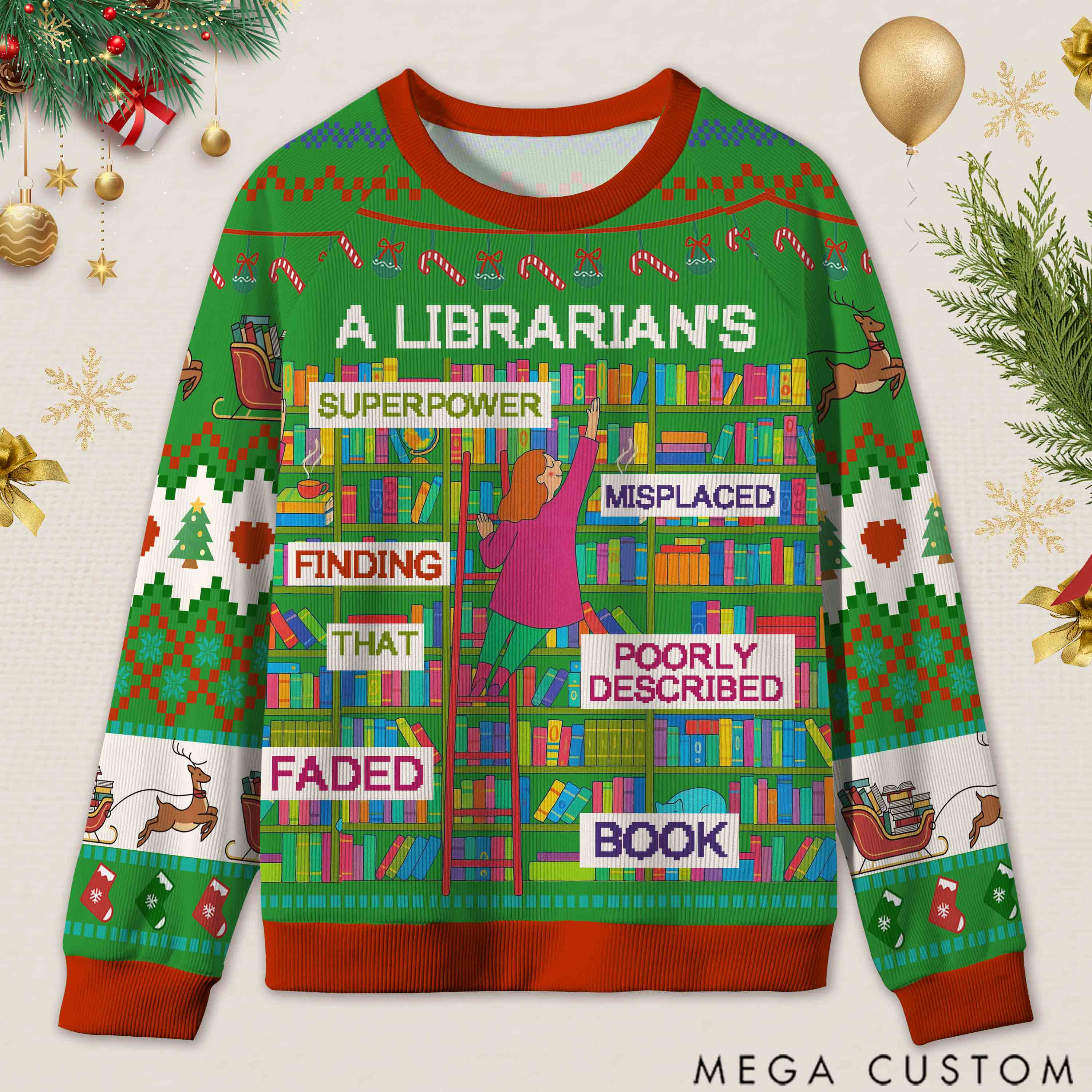 Personalized Librarian Superpowers Funny Ugly Sweater Office Holiday Party Gift for librarian