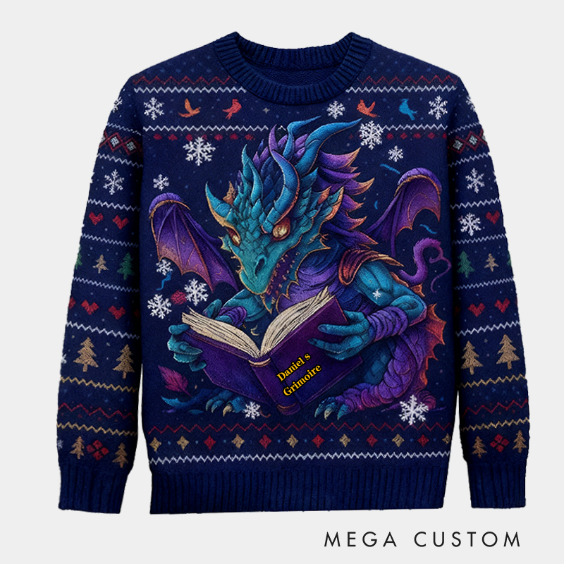 Personalized Magic Dragon Ugly Christmas Sweater Gift for Librarians and Reading Enthusiasts