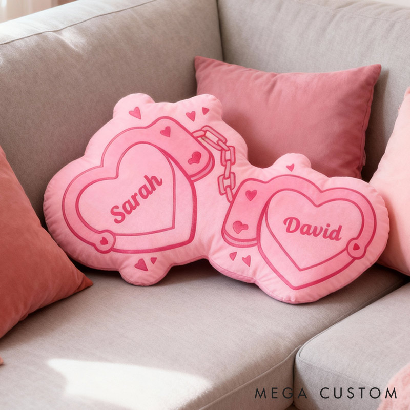 Personalized Couple Pink Heart Handcuff with Names Couple Home Pillow Romantic Valentine's Day Gift for Girlfriend for Wife Husband 