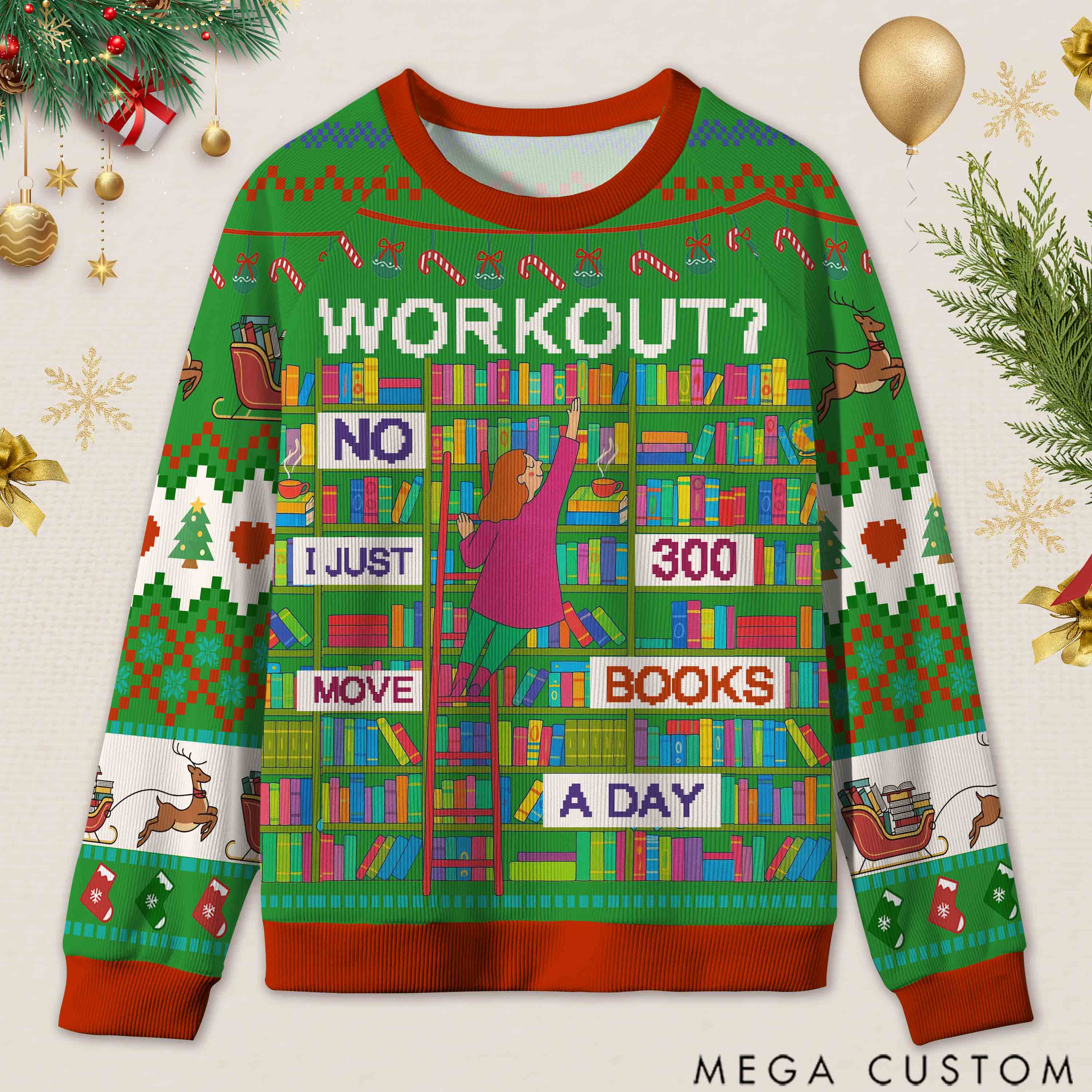 Personalized Book Lifting Workout Humor Ugly Sweater Office Holiday Party Gift for Book Lovers