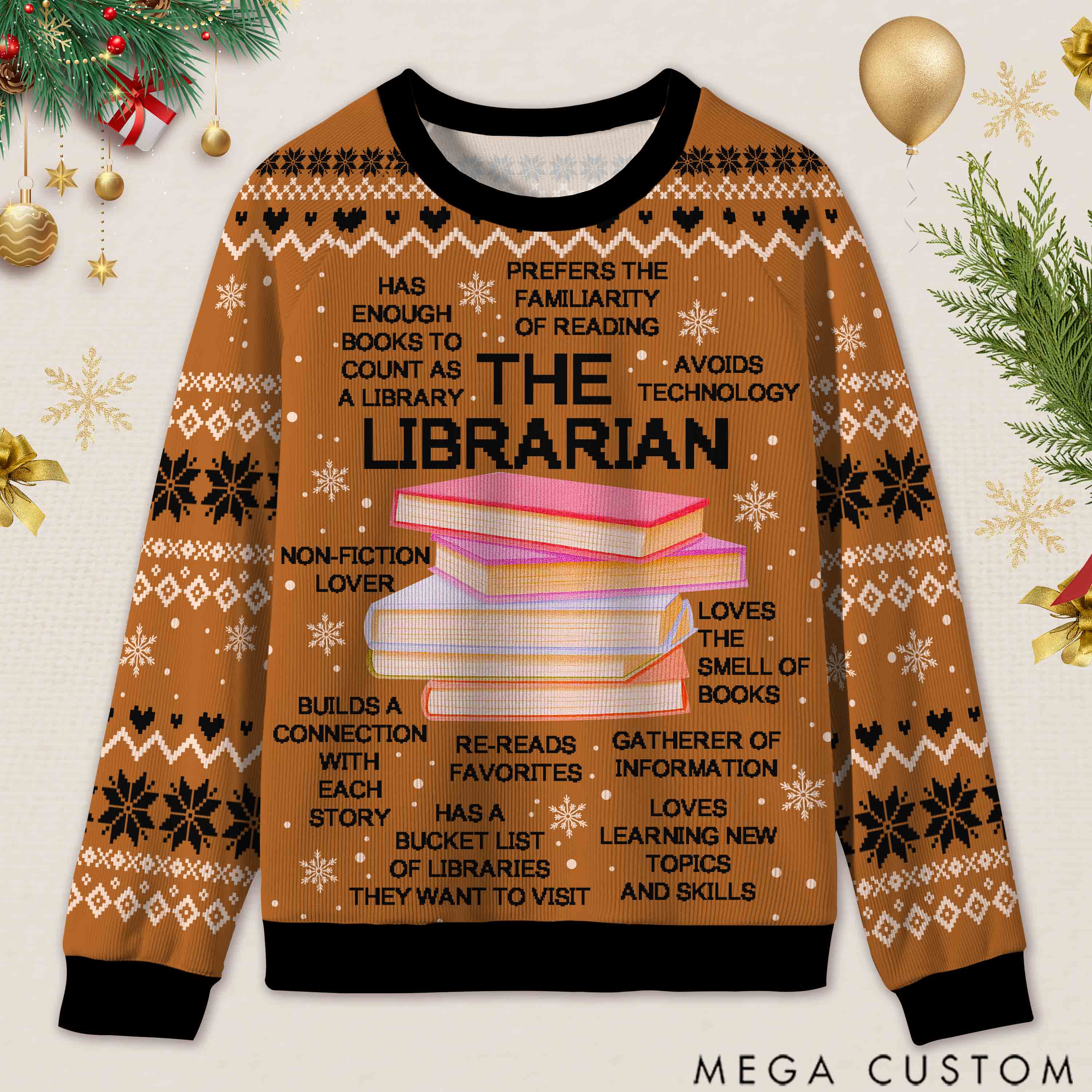 Personalized Librarian Book Spirit Ugly Sweater Holiday Gift for Librarians