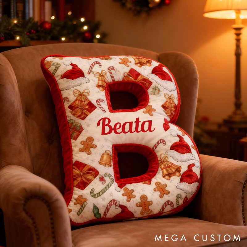 Personalized Christmas Letter Pillow Gingerbread Man Bell Christmas Gift Pattern Pillow Custom Holiday Vibes Throw Pillow Christmas Gift Pillow