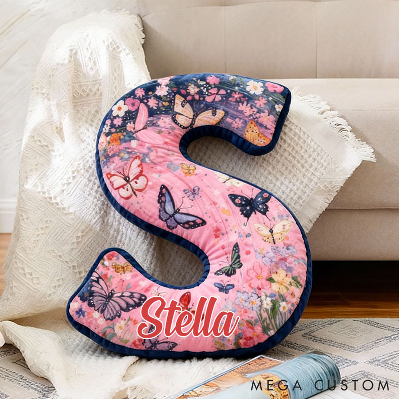 Personalized Butterfly and Floral Letter Pillow Custom Elegant Flowers Pattern Throw Pillow Christmas Butterflies Decor Pillow for Her Him