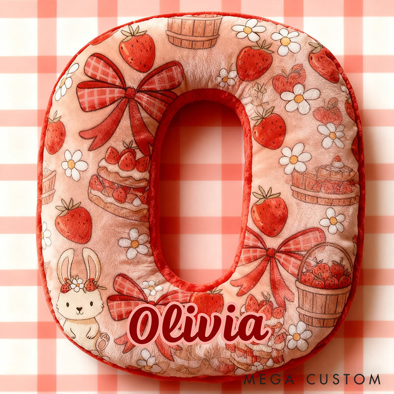 Personalized Strawberry Rabbit Letter Pillow Initial Rabbit Throw Pillow Custom Holiday Home Decor Letter Pillow for Flower Girl for Girl friend
