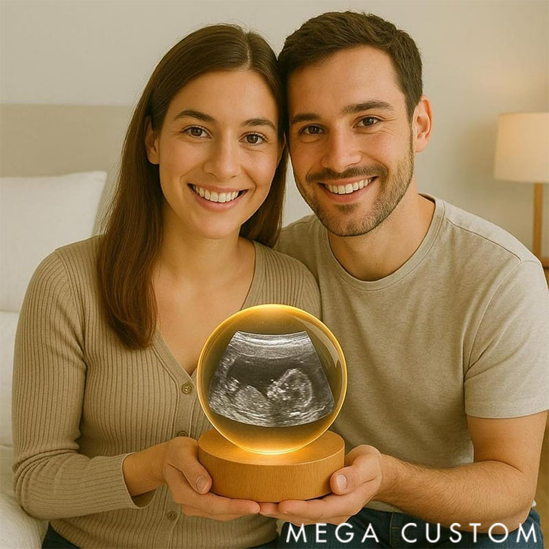 Personalized Crystal Ball Night Light, Custom 2D Photo Ultrasound Picture Frames, Luminous Wooden Base