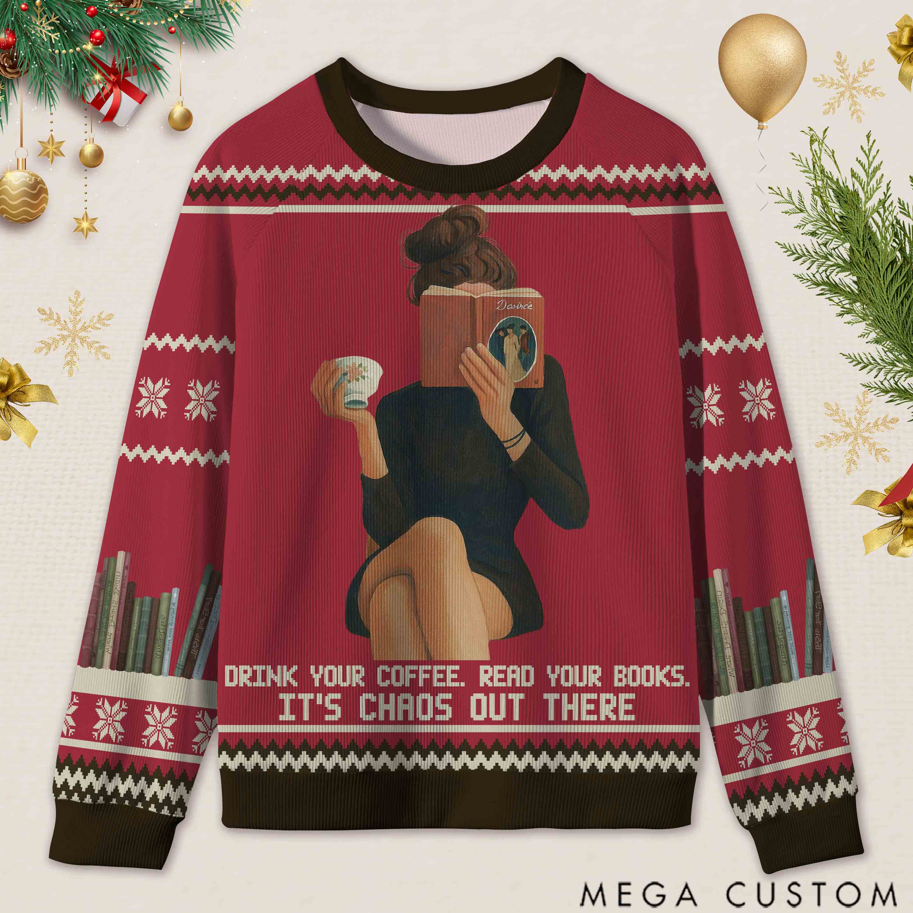 Personalized Bookish Barista Tranquil Reading Ugly Sweater Holiday Gift for Book Lovers