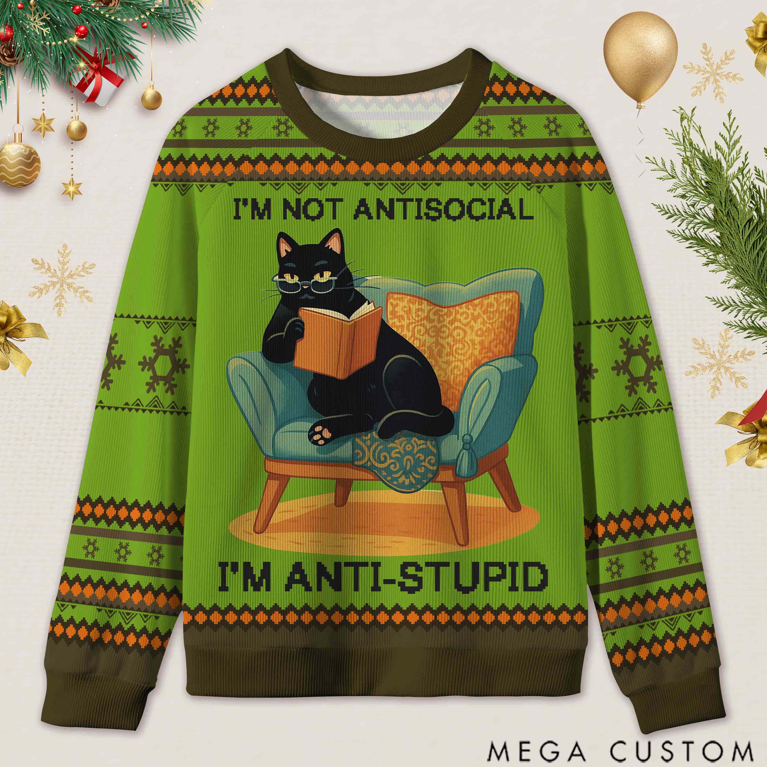 Personalized Wise Bookish Cat Reading Ugly Sweater Holiday Gift for Book Lovers