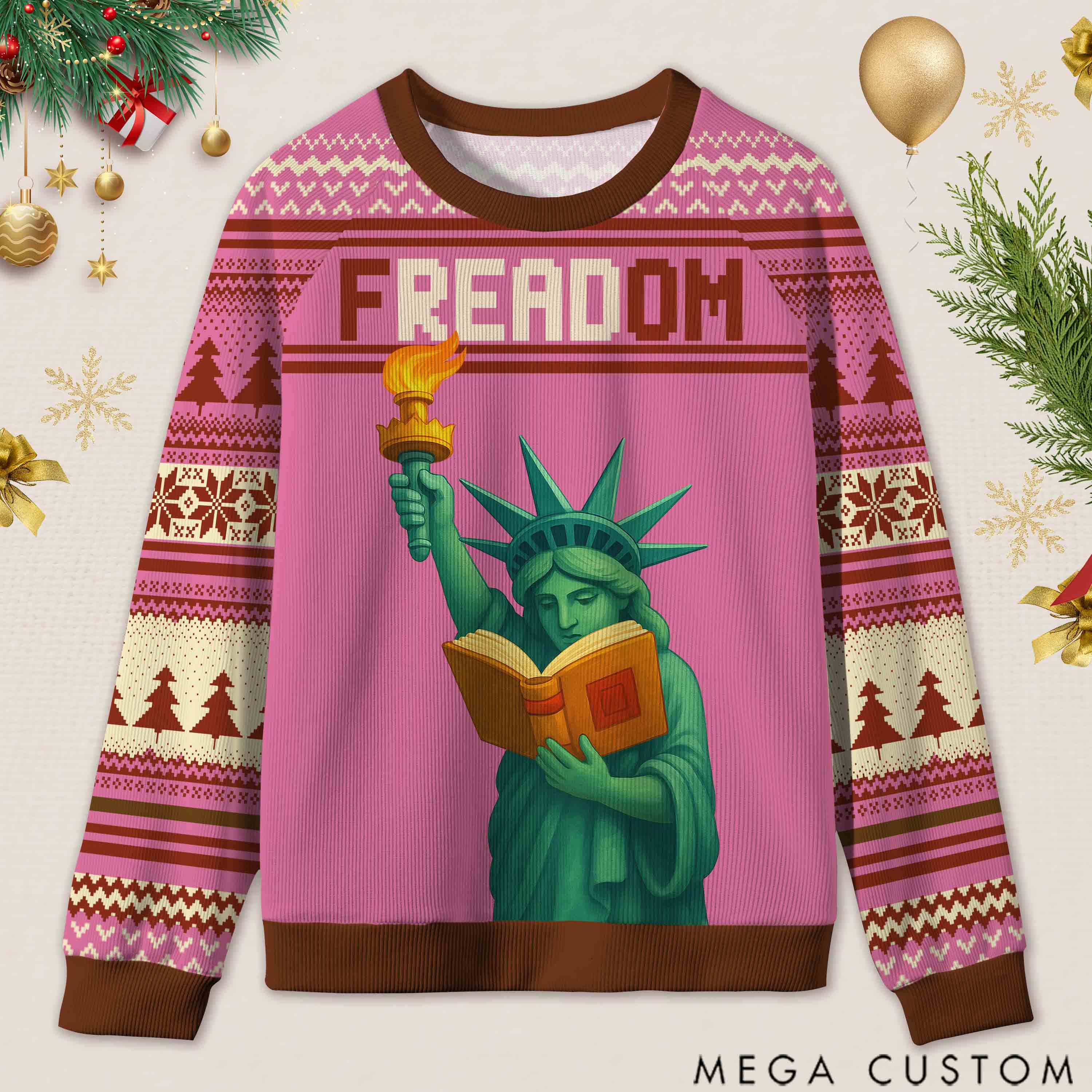 Personalized Reading Freedom Statue Fun Ugly Sweater Holiday Gift for Book Lovers
