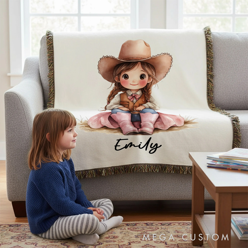 Personalized Cartoon Cowboy Cowgirl Tassel Soft Throw Blanket with Name Home Decor Birthday Gift for Kids Cowboy Lovers