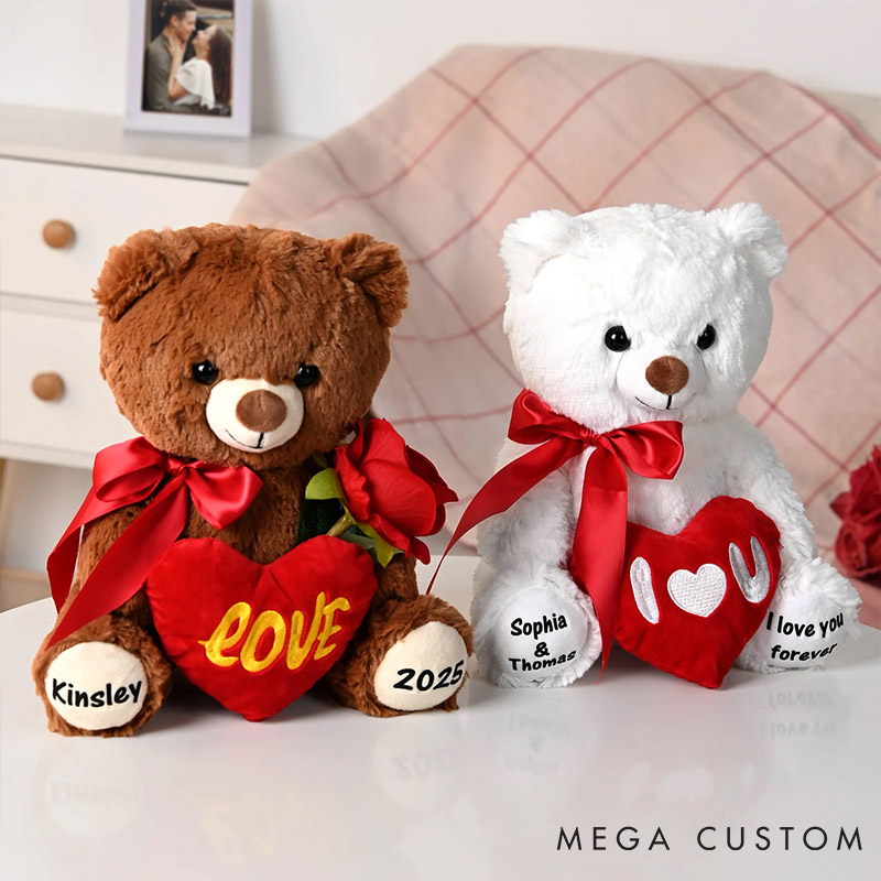 Personalized Couple I Love You Red Heart Bow Stuffed Bear with Name Stuffed Plush Bear Toy with Custom Text Valentines Day Anniversary Gift for Couple