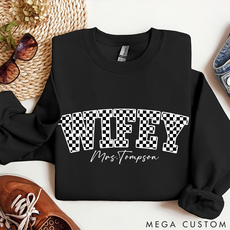 Personalized Checkered Wifey Sweatshirt with Name Custom Black and White Plaid Wifey Sweatshirt for Wife Couple Valentines Gift for Her