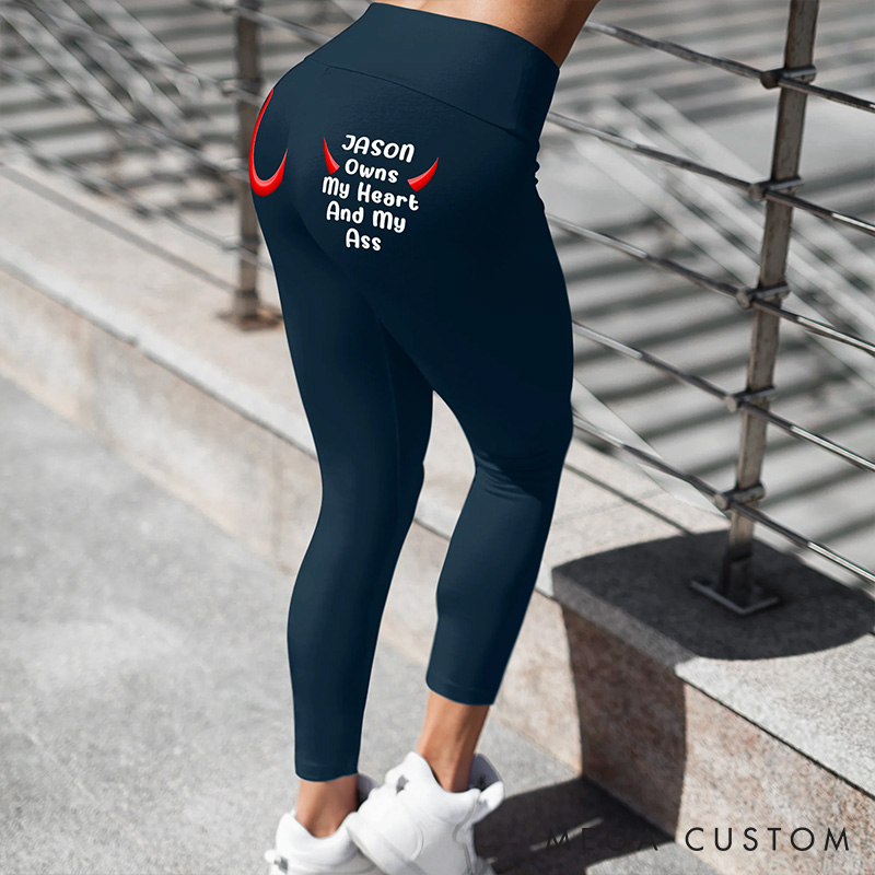 Personalized Girlfriend Wife He Owns My Heart and My Ass Legging Women Devil Horn Stretch Yoga Pants with Name Valentines Day Anniversary Gift for Her