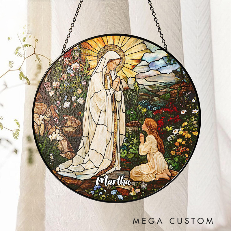 Personalized Our Lady of Lourdes Stained Glass Suncatcher Ornament with Name Window Hanging Decor Virgin Mary Art Religious Gift Catholic Gift