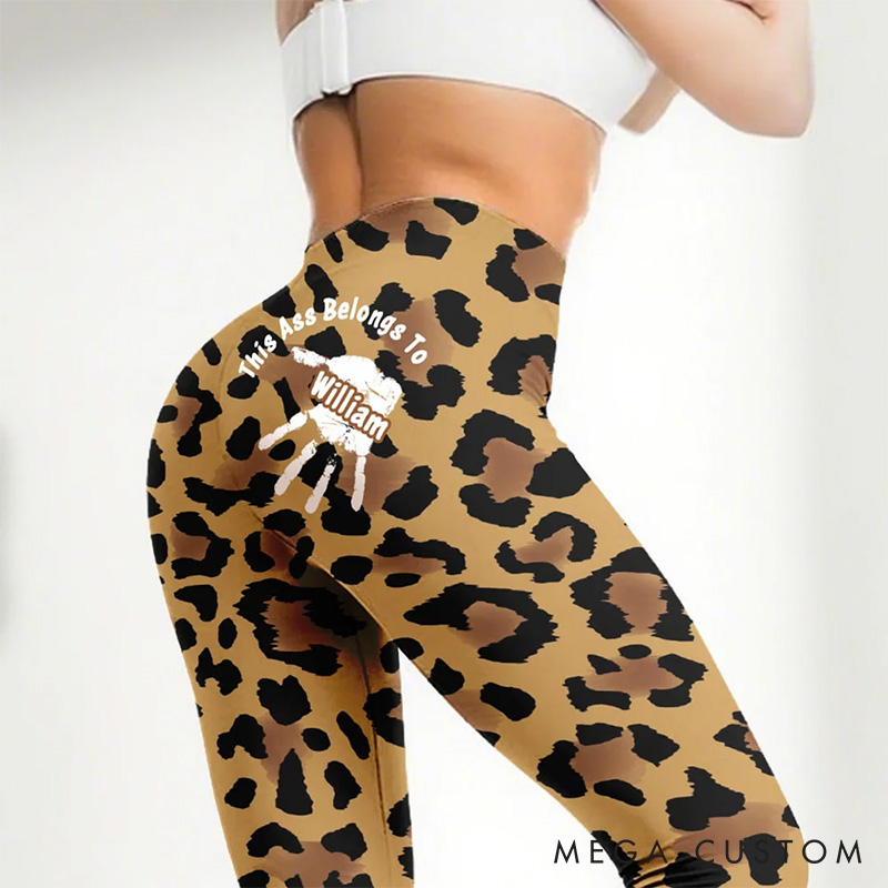 Personalized Girlfriend Wife This Ass Belongs To Him Palm Stretch Legging Women Yoga Pants with Man Name Valentines Day Anniversary Gift for Her