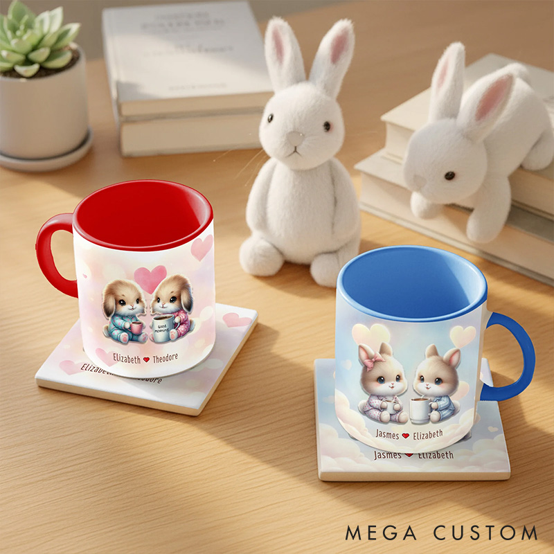 Personalized Dreamy Rabbit Couple Ceramic Mug with Names Custom Valentine's Day Anniversary Gift for Couples Couple Bunny Mug for Couple
