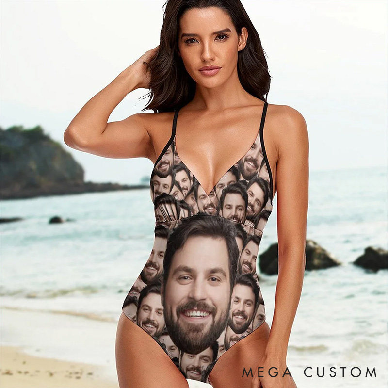 Personalized Man Face Photo Women One-Piece Swimsuit Custom Women Girlfriend Wife Swimsuit Valentines Day Gift for Her Summer Vacation Beach Essential