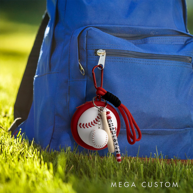 Personalized name keychain with beads, tennis ball charms, racket and ball charms, waterproof silicone storage pouch for headphones, gift for tennis lovers