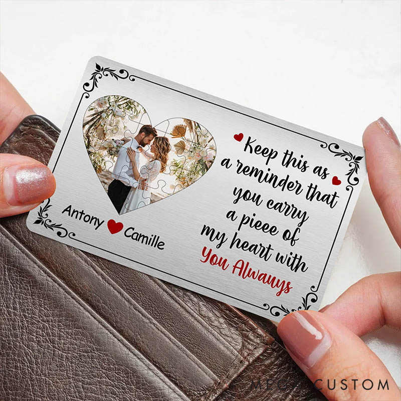 Personalized Couple Keep This As A Reminder Puzzle Style Heart Photo Wallet Card with Name Anniversary Valentine's Day Gift for Boyfriend Husband Him