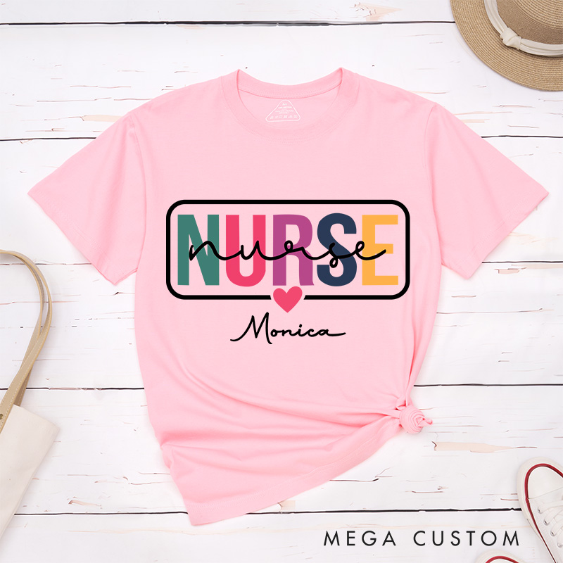 Personalized Nurse T-Shirts Colorful Care Nurse with Heart Fashion Design T-Shirts
