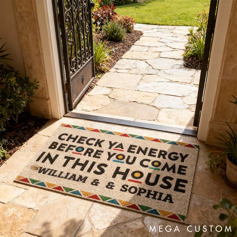 Personalized Check Ya Energy Before You Come In This House Couple Home Doormat with Names Non-Slip Durable Front Door Decor Gift for Couple