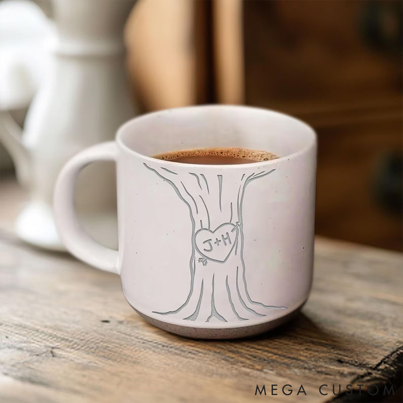 Personalized Carved Initials In A Heart Tree Couple Mug Engraved Couple Pottery Mug Valentine's Day Gift for Couple Him Her Mug for Husband  Wife