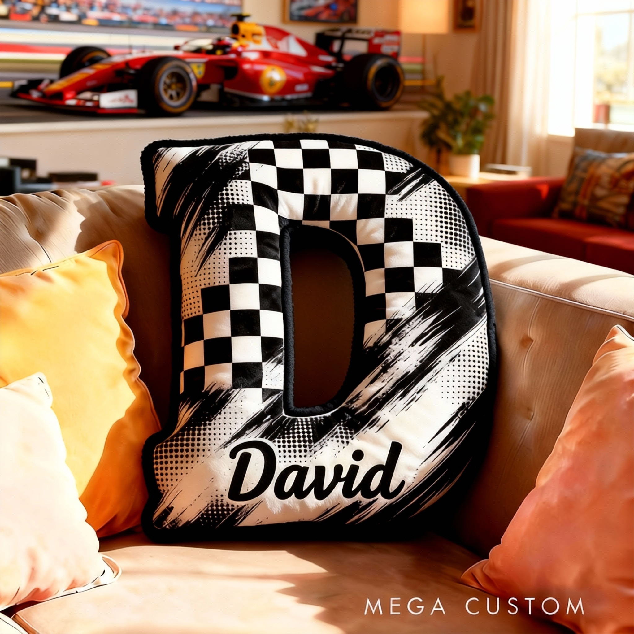 Personalized Racing Checkered Flag Letter Pillow Custom Name Initial Cushion Gift for Racing Lovers and Racers